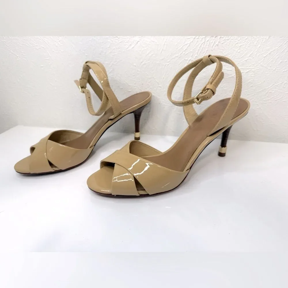 Tory Burch Tania Patent Leather Ankle Strap Sandals Tan 6.5